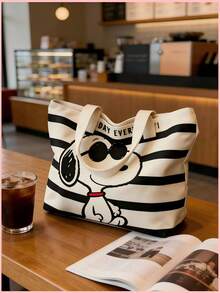 1件裝 Snoopy 印花條紋帆布托特包，大容量輕量肩背包，適合學校、工作、野餐、海灘與購物，可愛卡通設計，生日、聖誕節及開學季送禮佳品 - 彩色 - 查看 4