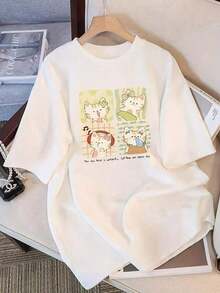 Women's Y2K Style Summer T-Shirt, 100% Cotton, Cartoon Cat Print, Round Neck, Short Sleeve, Loose Fit, Knit Fabric, Regular Length - White - 白色 - 查看 6
