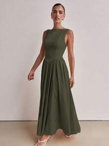 MODA MO, REF: H978 Women's Dress, Long Dress, Sleeveless, Round Neckline, High Waist, Open Back, Dress With Zipper, Slim Fit, A-Line Dress, Elegant, Modern, Lightweight, Comfortable, Versatile, Refined Look, Casual Chic Dress, Dress For Events, Sophisticated Look, Summer Dress, Quality Finish, Feminine Style. - 軍綠色 - 查看 2