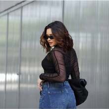 Women's Draped Tulle Bodysuit With Long Sleeves And Collar -  Winter Fashion In Brazil - 黑色 - 查看 4