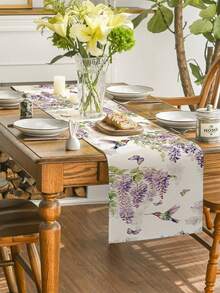 1 Pc Wisteria Hummingbird Tulip Lily Printed Linen Table Runner Farmhouse Style Rectangular Heat Resistant Table Decor For Spring Easter Kitchen Dining Party - Pink - View 4