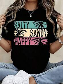 Cotton T-Shirt With Palm Tree Print For Casual And Sporty Outfits - Unisex Vintage Urban Style, Loose Cotton Short Sleeve T-Shirt With Round Neck, 100% Cotton - 黑色 - 查看 3