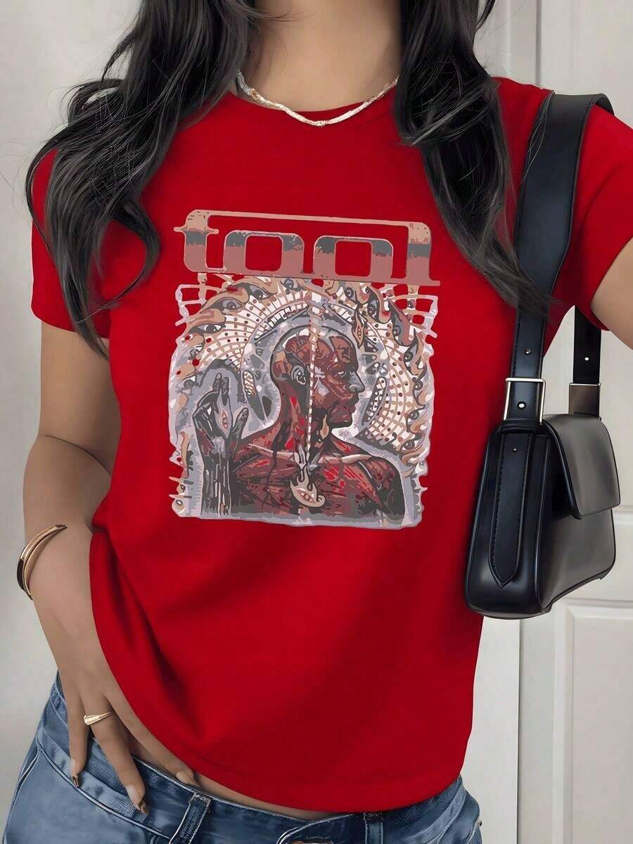 Camiseta con Estampado Gráfico de Arte Anatómico Abstracto, 180g, 1 Pieza, Camiseta Casual Artística para Mujer, 100% Algodón, Estilo Vintage Streetwear - Rojo - Ver 1
