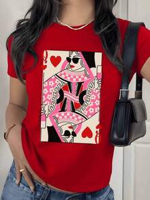 Queen Of Hearts Graphic Print T-Shirt (Poker Card), 180g, 1 Piece, Inspired By Playing Cards, Casual T-Shirt For Women, 100% Cotton, Vintage Streetwear Style - 紅色 - 查看 9