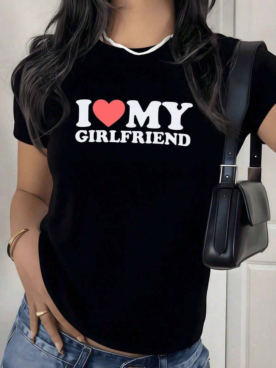 'Declaration Of Love' Graphic Print T-Shirt, 180g, 1 Piece, Romantic Phrase, Casual T-Shirt For Women, 100% Cotton, Streetwear Style - 黑色 - 查看 1