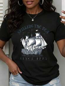 Spilling The Tea Since 1773 Camiseta con Gráfico de Barco Pirata para Mujer, Estilo Casual de Manga Corta - Estilo Urbano Vintage, Unisex, Holgada, de Algodón, Cuello Redondo, 100% Algodón - Negro - Ver 1