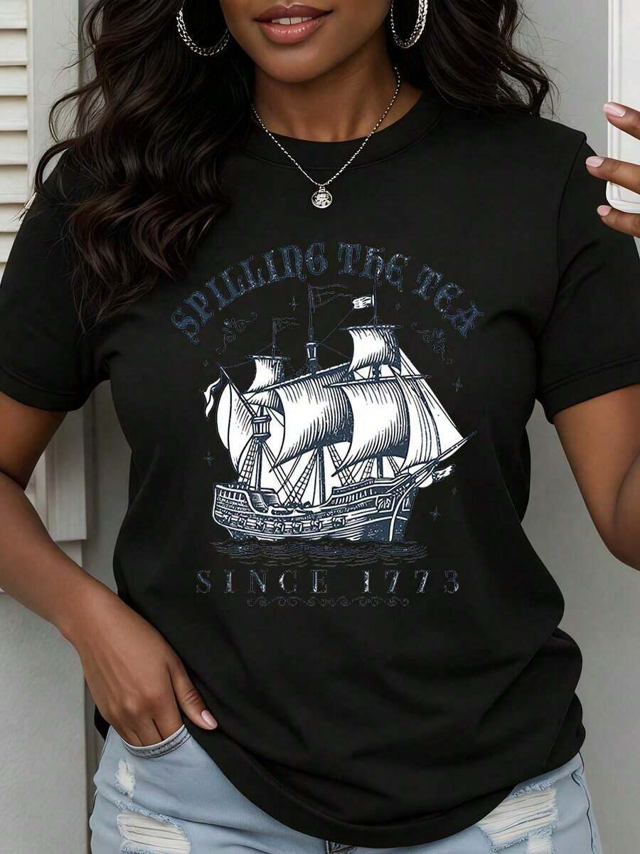 Spilling The Tea Since 1773 Camiseta con Gráfico de Barco Pirata para Mujer, Estilo Casual de Manga Corta - Estilo Urbano Vintage, Unisex, Holgada, de Algodón, Cuello Redondo, 100% Algodón - Negro - Ver 1