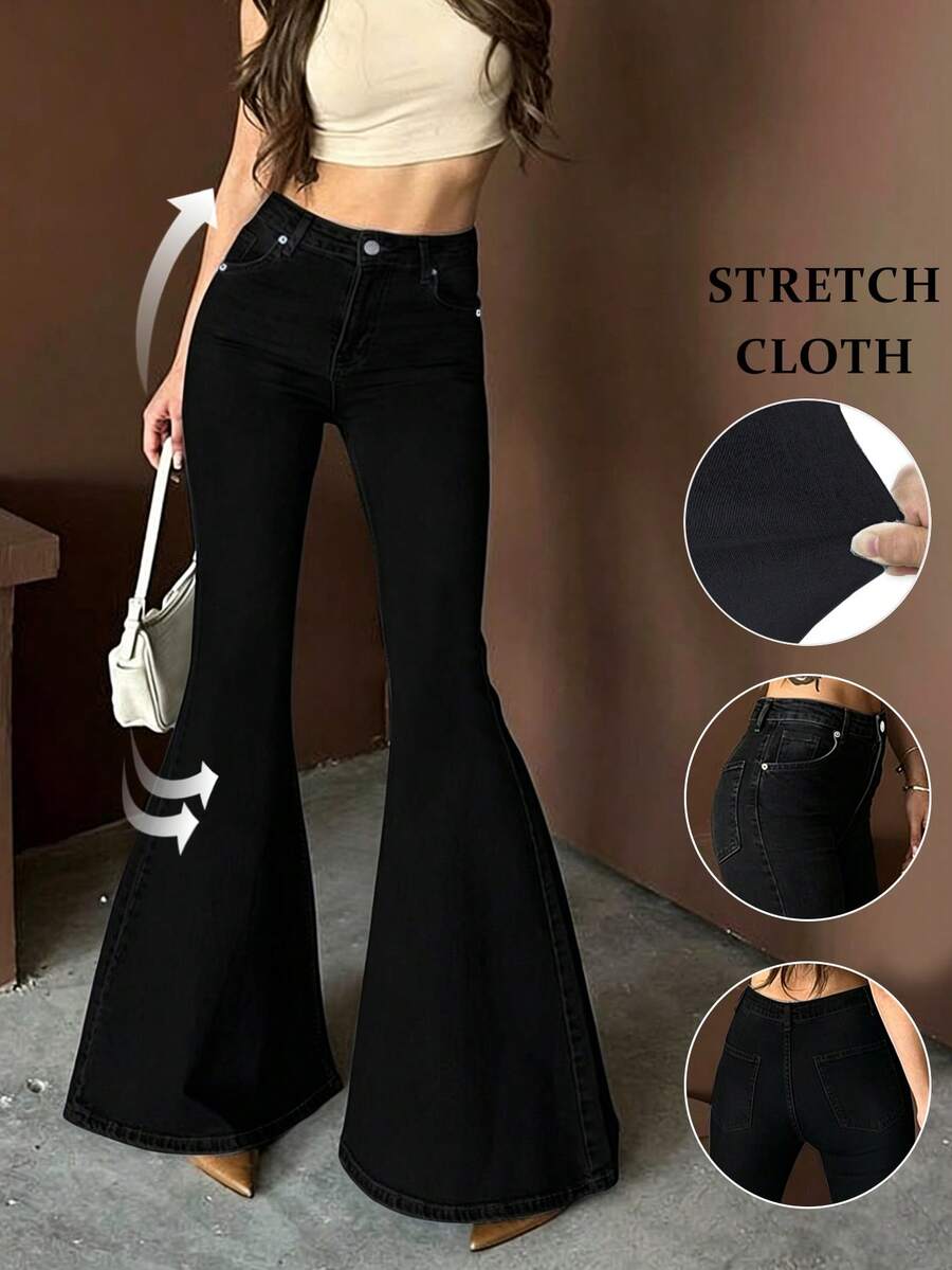 Quần jeans ống loe nữ cạp cao, co giãn, màu đen tuyền, phong cách cổ điển Y2K, thích hợp cho kỳ nghỉ, đi biển, dạo phố, gợi cảm, mùa hè 2026. - màu đen - Xem 1