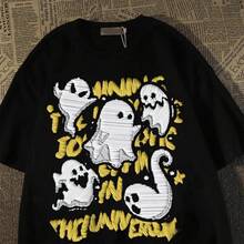 Camiseta con Estampado de Fantasmas Estilo Punk, 100% Algodón, Corte Holgado, Cómoda, Moda Urbana - Negro - Ver 1