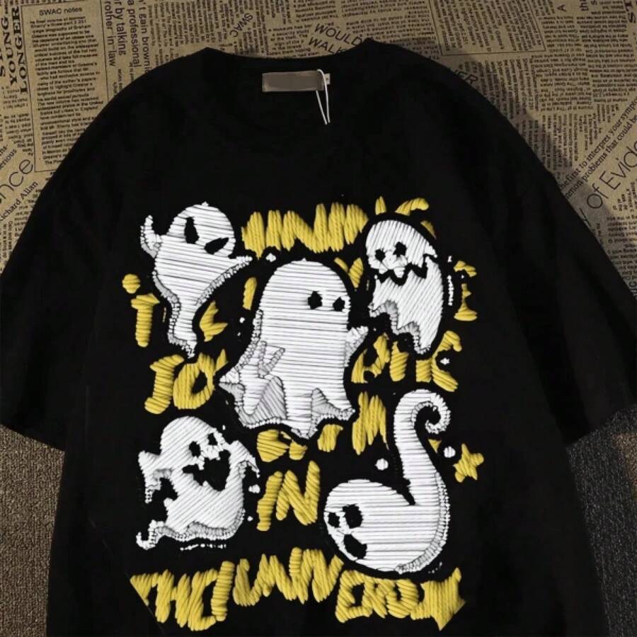 Camiseta con Estampado de Fantasmas Estilo Punk, 100% Algodón, Corte Holgado, Cómoda, Moda Urbana - Negro - Ver 1