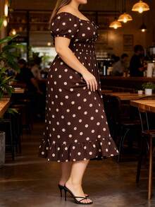 Women's Plus Size Long Dress Summer Fashionable Dot Print Off The Shoulder Short Sleeve Ruffle Dress - Brown - View 4