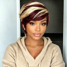 Pixie Cut Human Hair Wig For Women Full Machine Made Wigs With Bangs Short Bob Wig - Multicolor - View 3