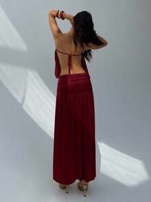 2026 Vestido sin tirantes y sin espalda de color albaricoque para mujer, vestido largo de diseño minimalista con pliegues, vestido fluido, vestido transparente para mujer para primavera y verano, vestido de playa, atuendos de vacaciones en la playa, vestidos de verano amarillo mantequilla para mujeres - Burdeos - Ver 8