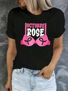 ComfortableCamiseta de mujer con temática de concientización sobre el cáncer de mama para el mes de octubre - Camiseta casual de manga corta y cuello redondo, decorada con un patrón de cinta, adecuada para todas las estaciones, lavable a mano, para eventos benéficos y uso diario como prenda con temática de solidaridad. Camiseta de manga corta para mujer, estilo básico que combina con todo, para uso interior y exterior. - Negro - Ver 1
