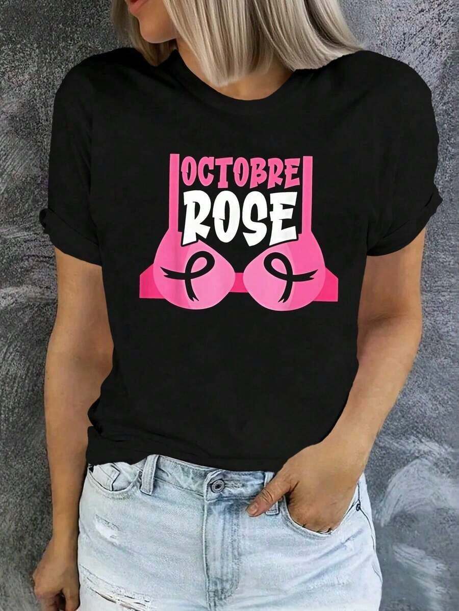 ComfortableCamiseta de mujer con temática de concientización sobre el cáncer de mama para el mes de octubre - Camiseta casual de manga corta y cuello redondo, decorada con un patrón de cinta, adecuada para todas las estaciones, lavable a mano, para eventos benéficos y uso diario como prenda con temática de solidaridad. Camiseta de manga corta para mujer, estilo básico que combina con todo, para uso interior y exterior. - Negro - Ver 1