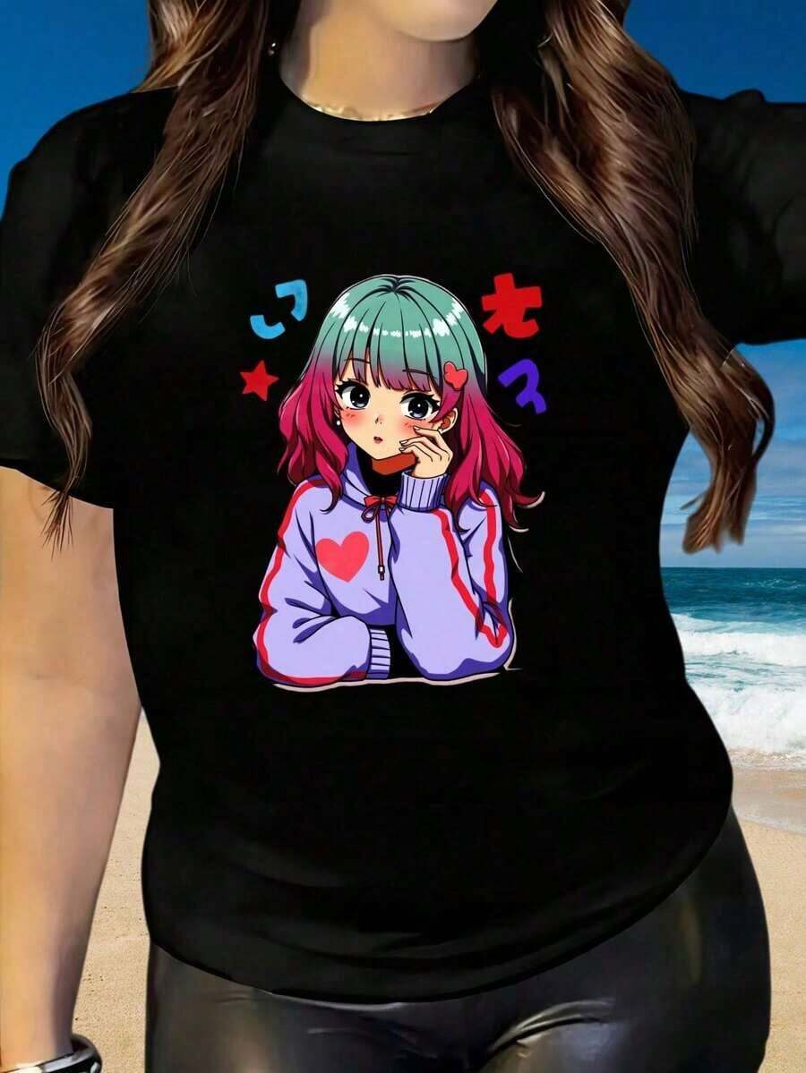 Anime Character T-Shirt, Cute Chibi Girl Holding A Fan, White Graphic Crew Neck T-Shirt For Women And Girls, Fashion Casual Top 220 | Exquisite Design | Loose And Comfortable | Easy To Match | - 黑色 6 - 查看 1