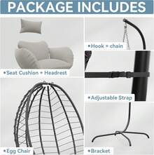 Foldable Egg Chair With Stand, 485LBS Capacity Wicker Rattan Hammock Swing Chair For Outdoor & Indoor, Hanging Chair With Strong Frame & UV Resistant Cushion For Balcony, Bedroom, Cream - Cream - View 6