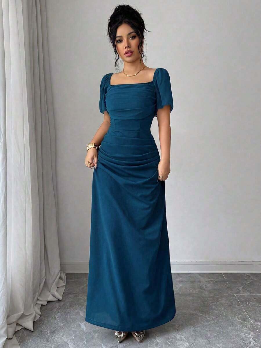 XHESHEIN Elenzya Vestido elegante y romántico de manga corta con cuello cuadrado ajustado para mujerXHE - Agua verde azul - Ver 1