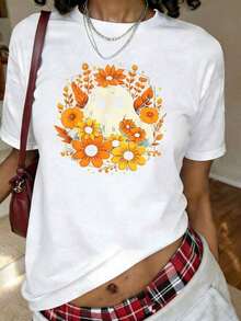 1 pieza Camiseta con estampado de fantasma floral de Halloween, fantasma lindo con flores, regalo divertido, manga corta, cuello redondo, top casual para verano y primavera, ropa de mujer, 180g, 100% algodón. - Blanco - Ver 1