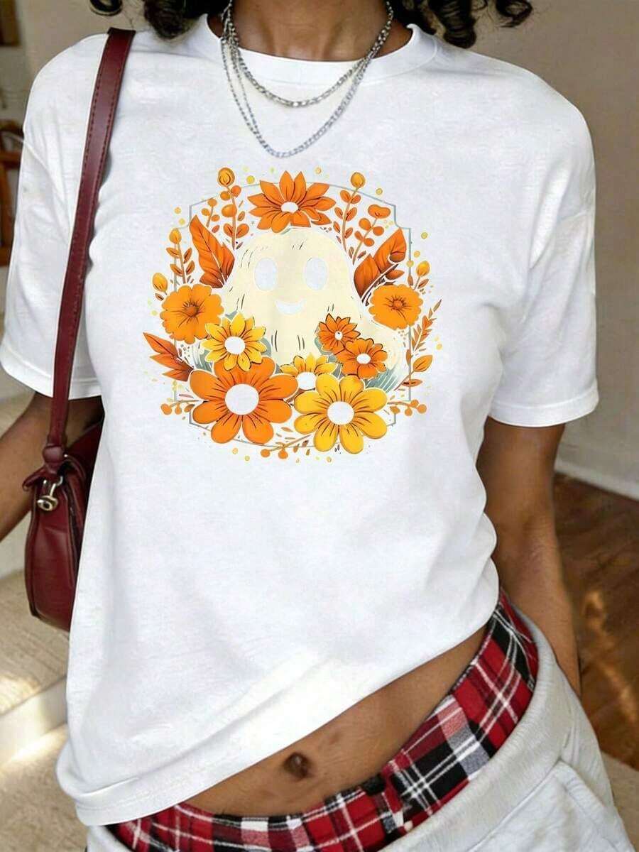 1 pieza Camiseta con estampado de fantasma floral de Halloween, fantasma lindo con flores, regalo divertido, manga corta, cuello redondo, top casual para verano y primavera, ropa de mujer, 180g, 100% algodón. - Blanco - Ver 1
