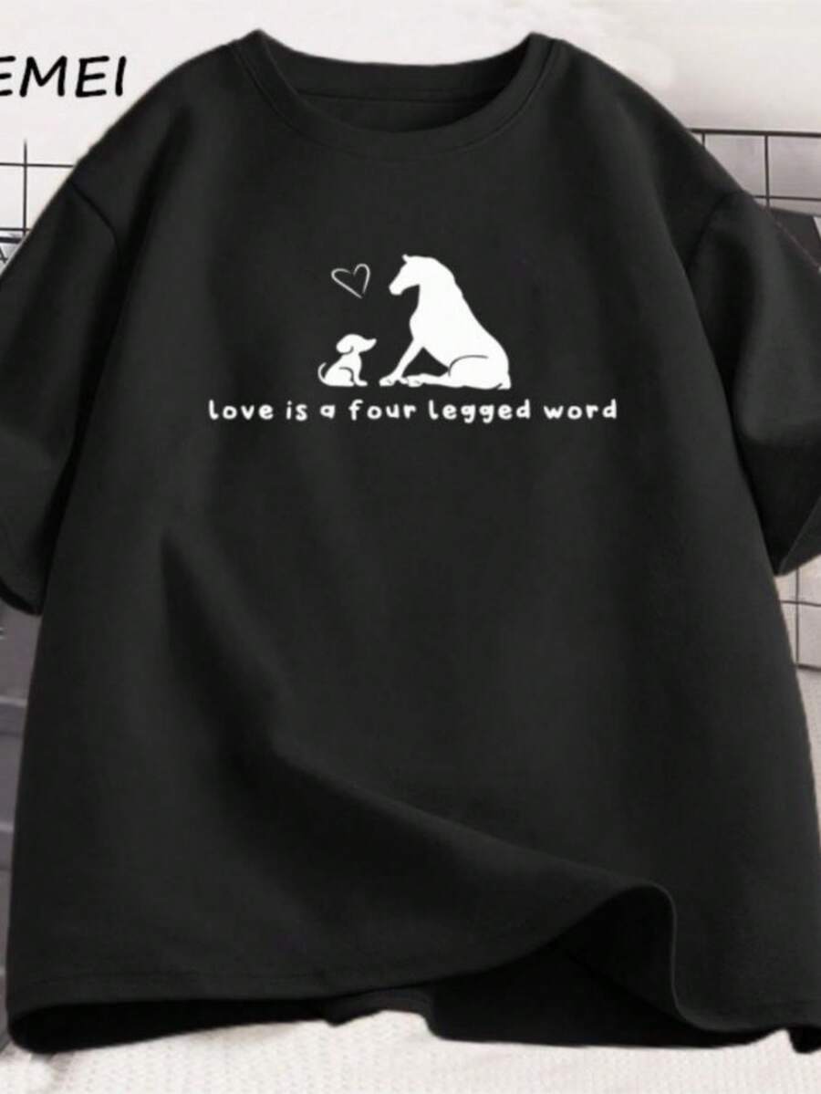 blusas para mujer Love Is A Four Legged Word T-Shirt Men Women Funny Horse Dog Lover Pet T Shirt Print Man Cool Loose O-neck Tops Streetwear - Negro - Ver 1