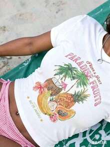 Sundraya Women's 2026 Summer Graphic T-Shirts, Cream Fitted Crop Top With Fruit And Coconut Print, For Summer Beach Vacation, Loose And Comfortable Top For Women, Summer Clothes - Unisex Vintage Urban Style, Cotton Short Sleeve Crew Neck T-Shirt. - 白色 - 查看 6