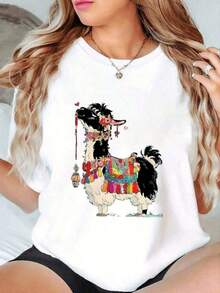 Camiseta de manga corta para mujer, 1 pieza, camiseta casual para mujer, primavera verano, manga corta, cuello redondo, estampado gráfico de dibujos animados, El gato está a cargo, yo soy la mamá, estilo diario, salida diaria, regalo de vacaciones. - Blanco - Ver 3