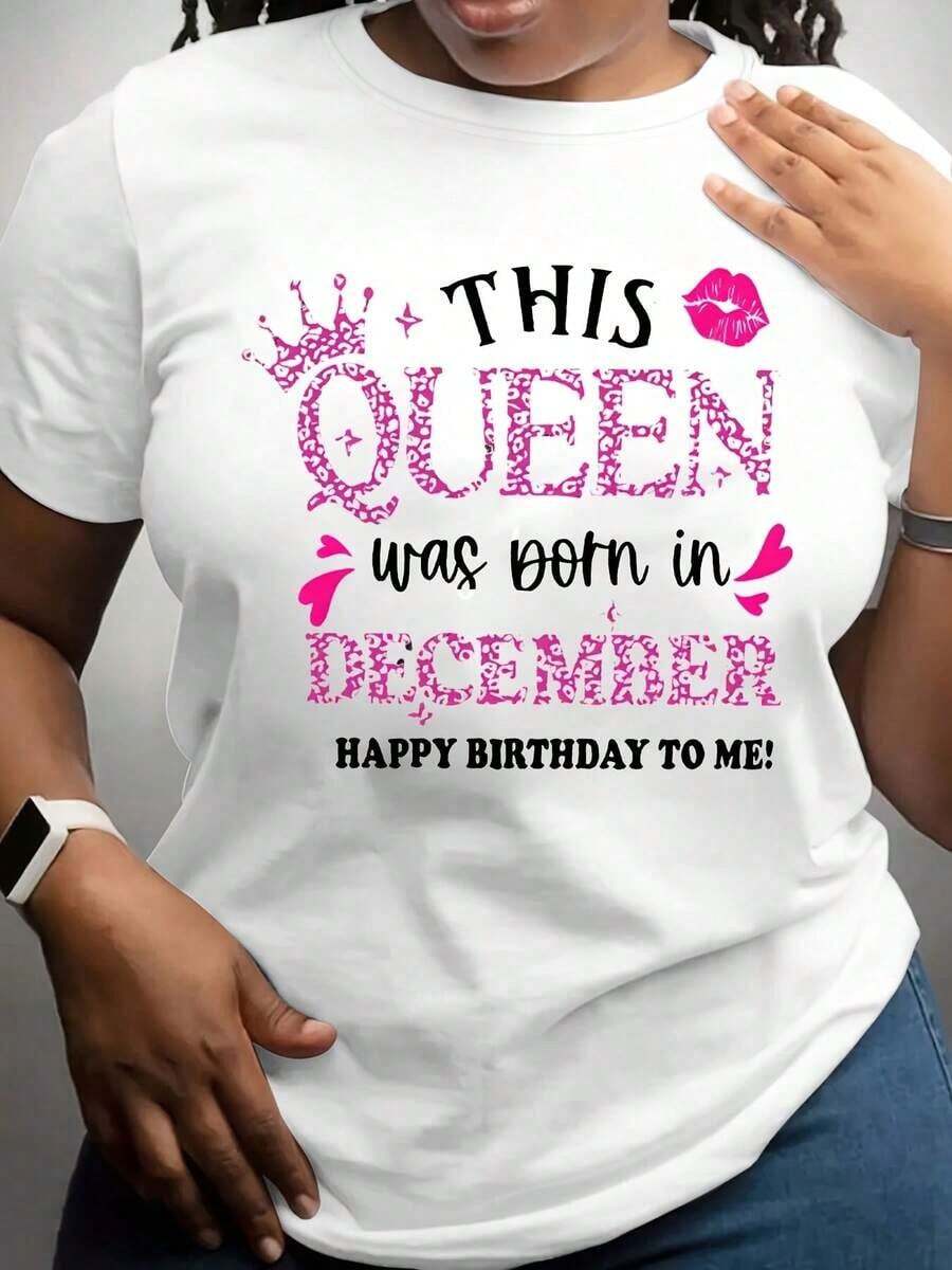 100% Cotton, Women's T-Shirt "This Queen Was Born In December Happy Birthday To Me" With Pink Crown And Lips Print, Gift For Women's Birthday Party. - 白色 - 查看 1