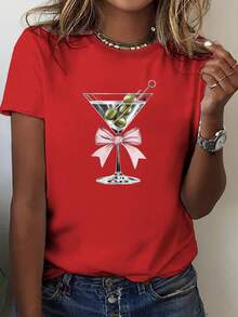 Camiseta de cuello redondo con estampado de cristal y lazo, estilo casual de manga corta para primavera y verano, ropa de mujer Blusas Para Mujer Casual. - Rojo - Ver 1