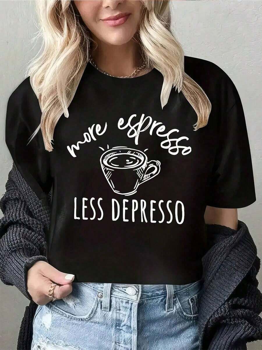 Camiseta con Estampado Gráfico, Manga Corta, Cuello Redondo, Top Casual para Verano y Primavera, Ropa de Mujer, 100% Algodón - Negro - Ver 1