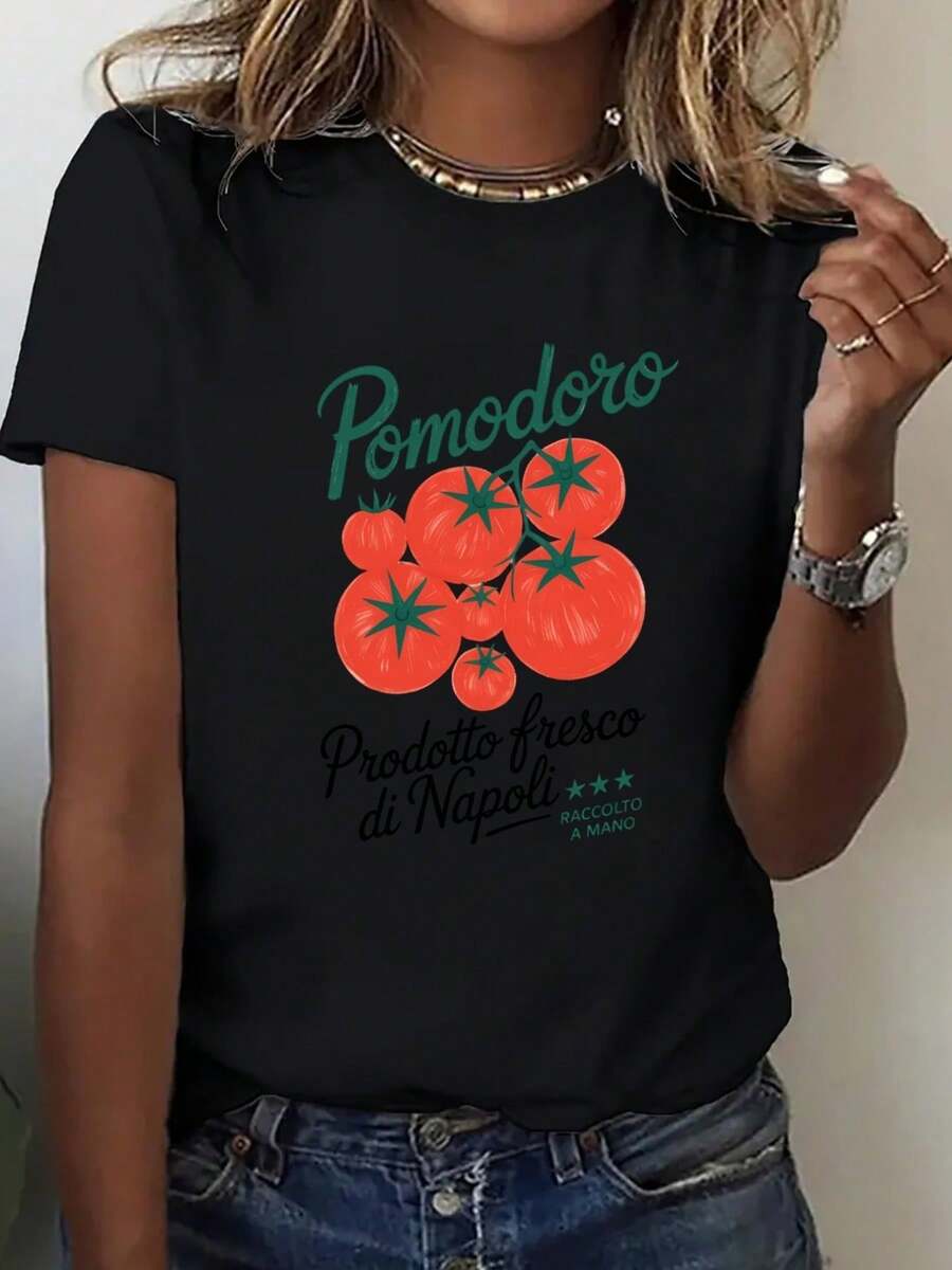 Cuello Redondo Talla Grande - Camiseta Oversize de 200 g/m² para Mujer - Camiseta Gráfica Negra de Corte Holgado con Estampado de Tomate Italiano, Tomate, Nápoles - Camiseta Casual Transpirable para Uso Diario, Adecuada para Amantes de la Cocina Italiana, Ropa Urbana Bohemia, Top Cómodo de Cuello Redondo para Todas las Temporadas, Estilo Relajado para Fin de Semana, Camiseta con Patrón Geométrico, Material Cómodo, Blusas Casuales para Mujer Entusiastas del Estilo Urbano - Negro - Ver 1