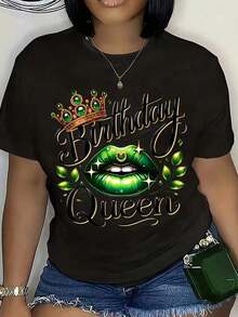 1 camiseta de "Reina del Cumpleaños" con diseño de corona y labios verdes para mujer, regalo de celebración de cumpleaños, atuendo de fiesta, ropa casual de verano, 180g, 100% algodón. - Negro - Ver 1