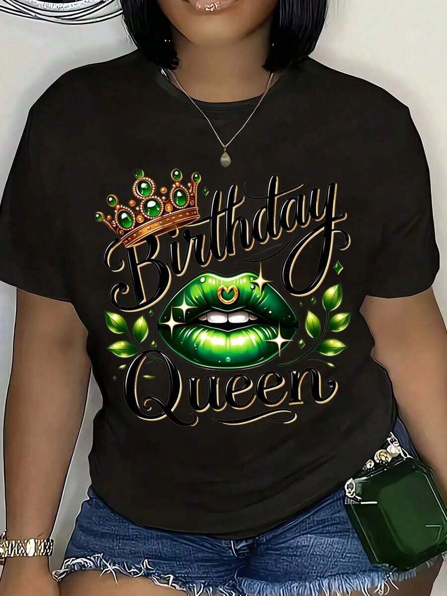 1 camiseta de "Reina del Cumpleaños" con diseño de corona y labios verdes para mujer, regalo de celebración de cumpleaños, atuendo de fiesta, ropa casual de verano, 180g, 100% algodón. - Negro - Ver 1