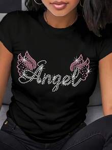 Camiseta con gráficos de alas de ángel de diamantes de imitación brillantes para mujer - Camiseta suave de manga corta con cuello redondo, base negra con texto de ángel rosa brillante y diseño de alas - Top cómodo y transpirable para uso casual, estilo urbano de verano, atuendos de fiesta - Negro - Ver 6