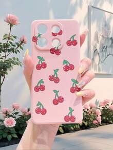 1pc Fashionable TPU Material Cherry Pattern Pink Straight Edge Shockproof Lens Protective Phone Case, Suitable For Both Men And Women, Ideal Choice For Fashion Enthusiasts, Minimalist And Stylish Design Compatible With IPhone 17, Poco, And More - Pink - View 2