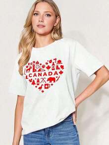 Nueva Camiseta Casual de Verano para Mujer, Diseño de Hoja de Arce y Bandera de Corazón de Canadá, Estilo Vintage Urbano, Unisex, 100% Algodón, Manga Corta, Cuello Redondo, Ajuste Holgado - Blanco - Ver 3