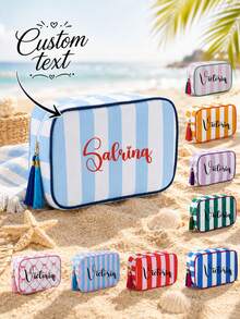 Bolsa de maquillaje personalizada con bordado a rayas, bolsa organizadora de viaje con nombre/texto bordado personalizado, bolsa de cosméticos colorida, bolsa de almacenamiento portátil multifuncional de gran capacidad con cremallera y colgante de borla, ligera y duradera - Multicolor - Ver 1