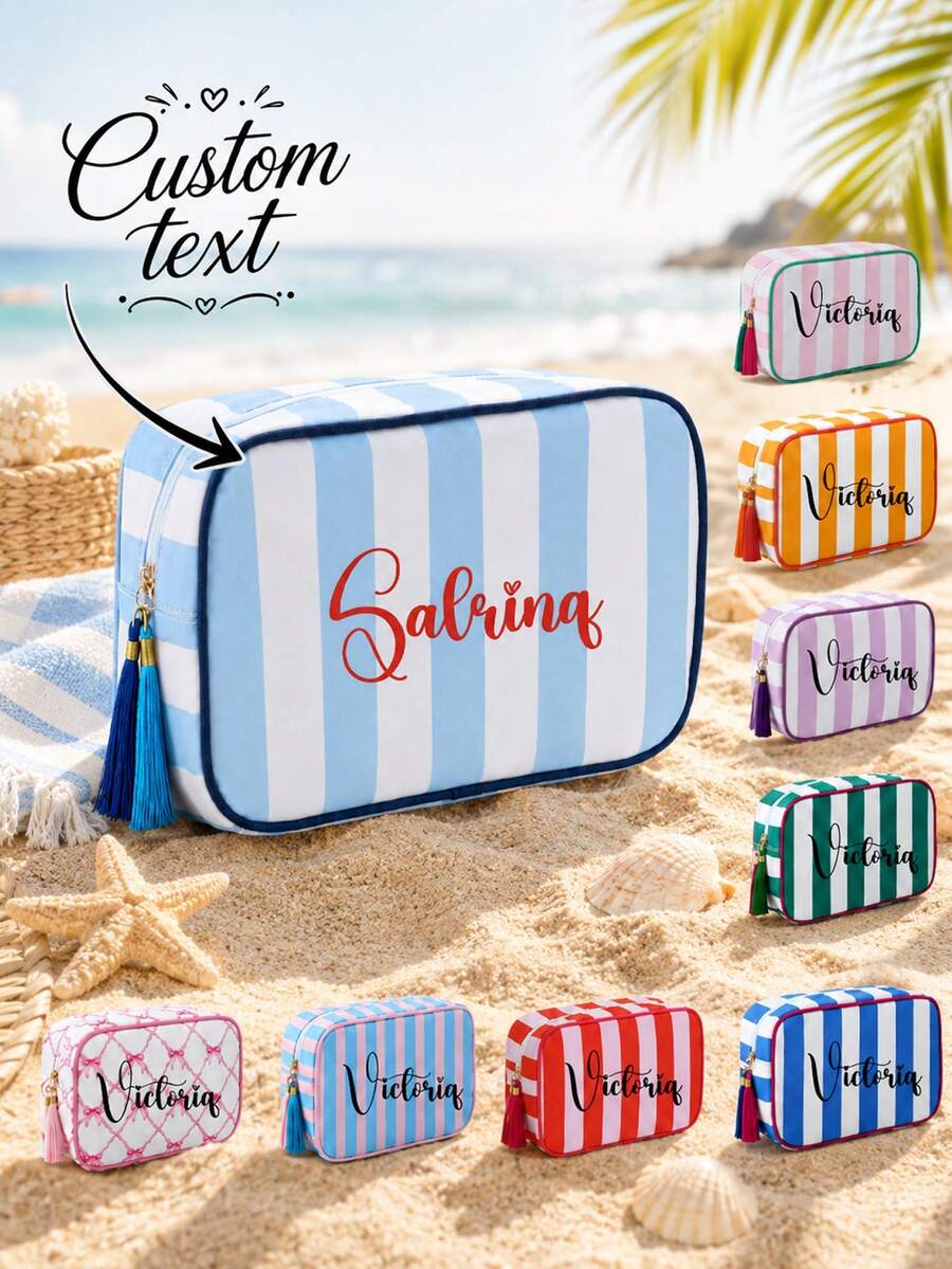 Bolsa de maquillaje personalizada con bordado a rayas, bolsa organizadora de viaje con nombre/texto bordado personalizado, bolsa de cosméticos colorida, bolsa de almacenamiento portátil multifuncional de gran capacidad con cremallera y colgante de borla, ligera y duradera - Multicolor - Ver 1