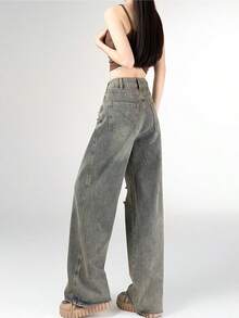High-Waisted, Loose-Fitting, Retro-Style Trousers With An Original Design For Women; Straight-Leg Jeans With Rips, Ideal For Shorter Women; Suitable For Any Time Of Year - Dusty Blue - View 2