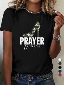 ¡Oferta por tiempo limitado, unidades limitadas,  relámpago! Camisas casuales para mujer, camisetas de poliéster para mujer, camisas elegantes.Camiseta femenina de inspiración cristiana, <<Guerrera en Oración», con diseño de camuflaje inspirado en tacones altos y letras motivadoras. Ajuste 100% cómodo, cuello redondo, manga corta informal, ideal para servicios religiosos, estudio bíblico y uso diario. Camiseta motivacional. - Negro - Ver 1