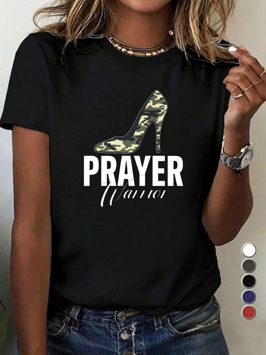 ¡Oferta por tiempo limitado, unidades limitadas,  relámpago! Camisas casuales para mujer, camisetas de poliéster para mujer, camisas elegantes.Camiseta femenina de inspiración cristiana, <<Guerrera en Oración», con diseño de camuflaje inspirado en tacones altos y letras motivadoras. Ajuste 100% cómodo, cuello redondo, manga corta informal, ideal para servicios religiosos, estudio bíblico y uso diario. Camiseta motivacional. - Negro - Ver 1