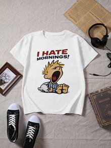 Playeras de mujer, nueva moda 2026, camiseta de manga corta - Blusa casual de cuello redondo con estampado de letras y dibujos animados, no adecuada para atuendos casuales de verano, blusa de cuello redondo lavable a máquina para conjuntos casuales. - Blanco - Ver 3