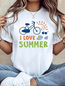 Camiseta de mujer moderna y minimalista con estampado de sol y bicicleta "I LOVE SUMMER". Ideal para salidas de verano en bicicleta. Estilo vibrante y fresco de manga corta. Camiseta casual de estilo urbano para el día a día. - Blanco - Ver 7