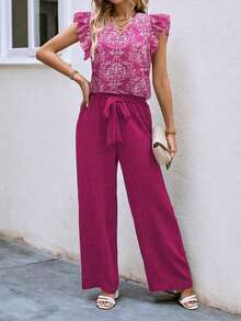 Top con estampado de dibujo de manga mariposa & Pantalones de pierna ancha con cinturón - Rosa Fucsia - Ver 5