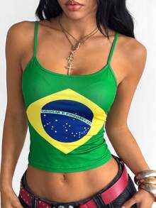 Top de tirantes finos con estampado de la bandera de "Brasil" para mujer, 2026, camiseta de fan casual, ropa de calle - Multicolor - Ver 3