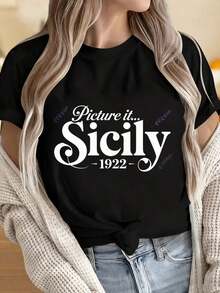 Women's And Men's Crew Neck Short Sleeve T-Shirts, Vintage Inspired "Picture It Sicily 1922" T-Shirt, Fashionable Casual Top For Women, Black Graphic Tee. Fun Prints Suitable For Christmas Parties, Sports Activities, Holiday Parties, Outings, Sports And Other Festive Gifts. - 黑色 - 查看 4