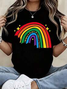 Rainbow Print Cotton T-Shirt For Casual And Sporty Outfits - Unisex Vintage Urban Style, Short Sleeve Crew Neck T-Shirt, 100% Cotton - 黑色 - 查看 7