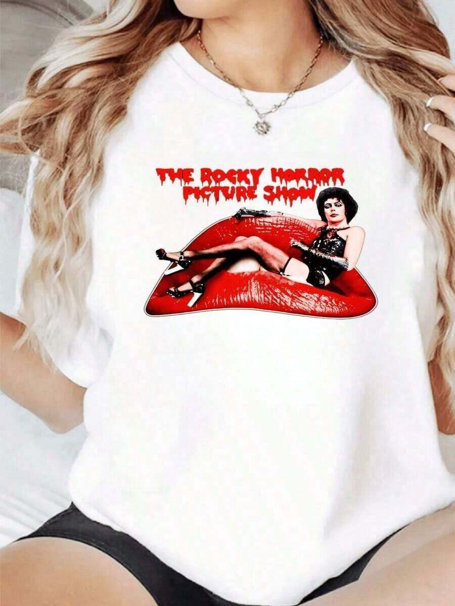 Camiseta Casual de Algodón 100% con Estampado Gráfico de Rocky Horror Picture Show para Mujer, Estilo Vintage, Corte Holgado, Impresión Digital, Manga Corta, Camisetas de Algodón Casuales para Uso Diario para Mujer - Blanco - Ver 1