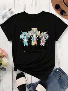 Camiseta con Estampado de Cruz Negra, Cruz de Pascua con Lazos y Estrellas para Primavera y Eventos Religiosos - Negro - Ver 2
