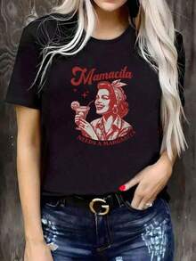 Playera blanca de algodón con diseño retro "Mamacita Needs A Margarita", estilo divertido y casual para fiestas y uso diario, tops para mujer - Negro - Ver 6
